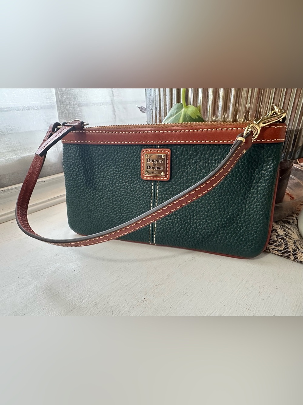 Dooney & Bourke Teal Green Pebbled Leather Wallet with Brown Trim